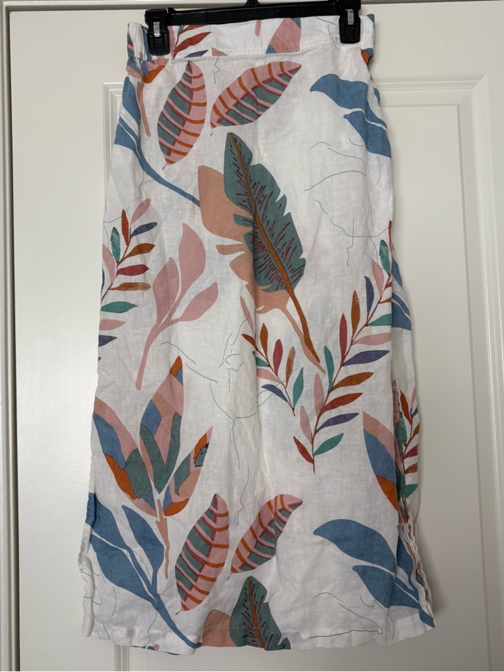 White Floral Linen Blend Midi Skirt with Blue and Coral Leaves - Picture 2 of 7